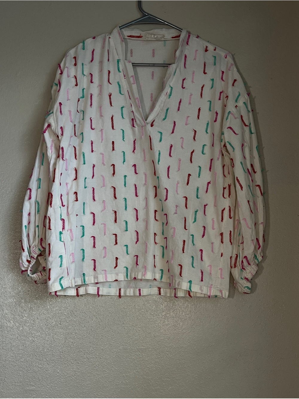 Lou & Grey White V-Neck Tunic with Teal, Pink & Red Dashes